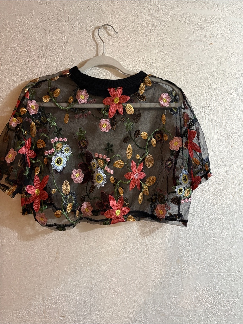 SHEIN Black Sheer Cropped Top with Multicolor Floral Embroidery